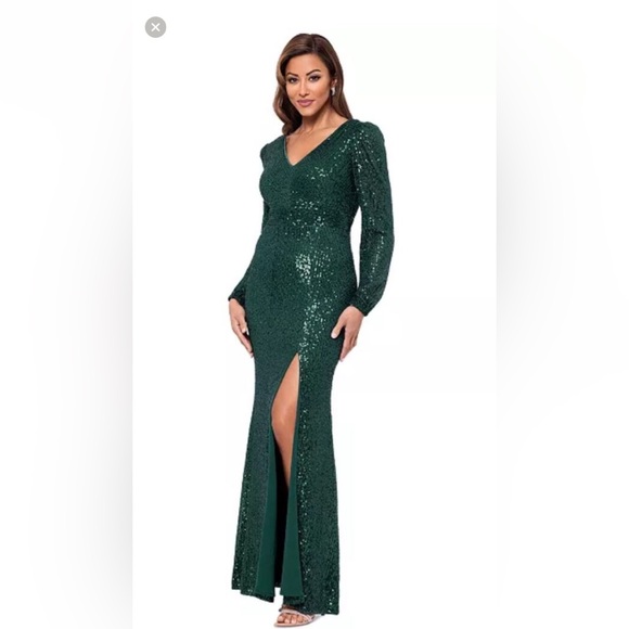 XSCAPE Women's Sequinned High-Slit Evening Gown Dress Emerald Green Sz 10 - Picture 1 of 9